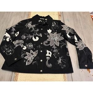 Vtg Laura Ashley Black White Floral Appliqué Beaded Sz L Cotton Jean Jacket